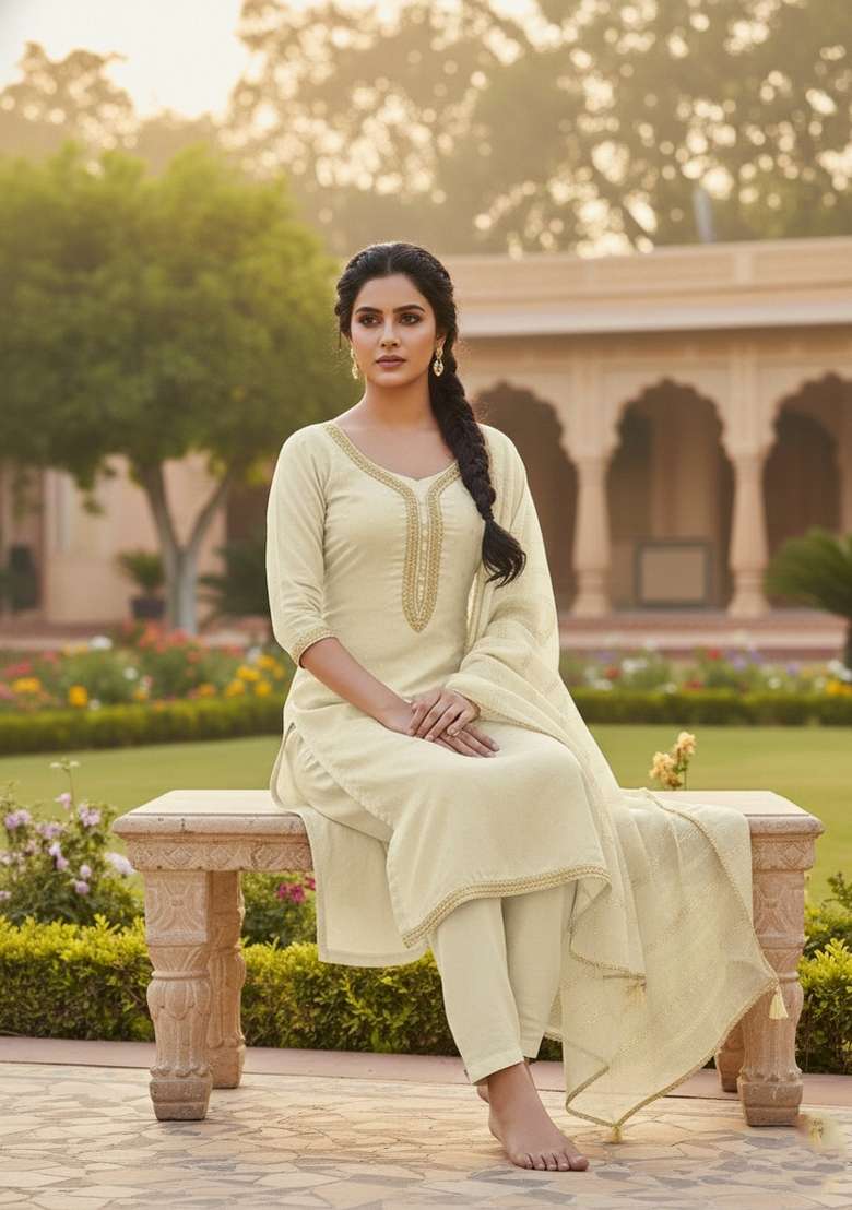 Cream Embroidery Chanderi Salwar Kameez - Indya