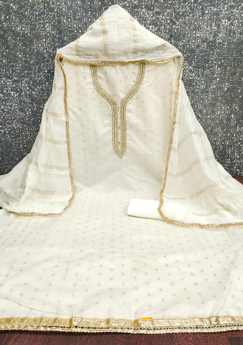 Cream Embroidery Chanderi Salwar Kameez - Indya