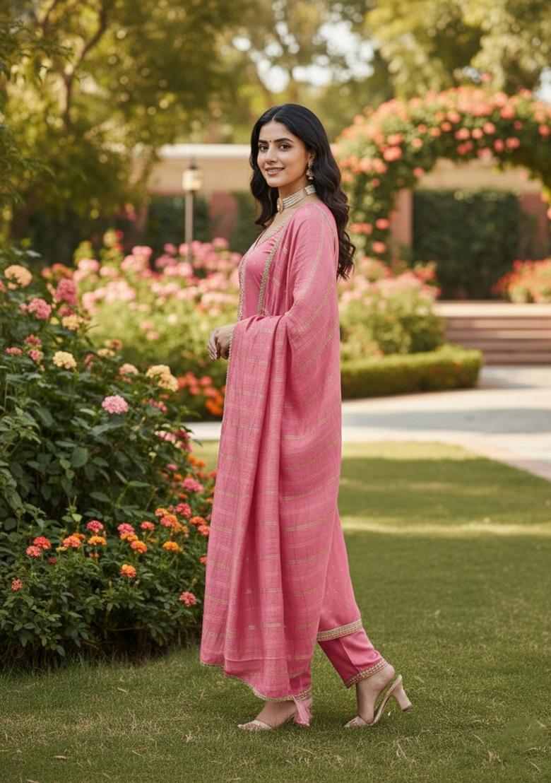 Peach Embroidery Chanderi Salwar Kameez - Indya