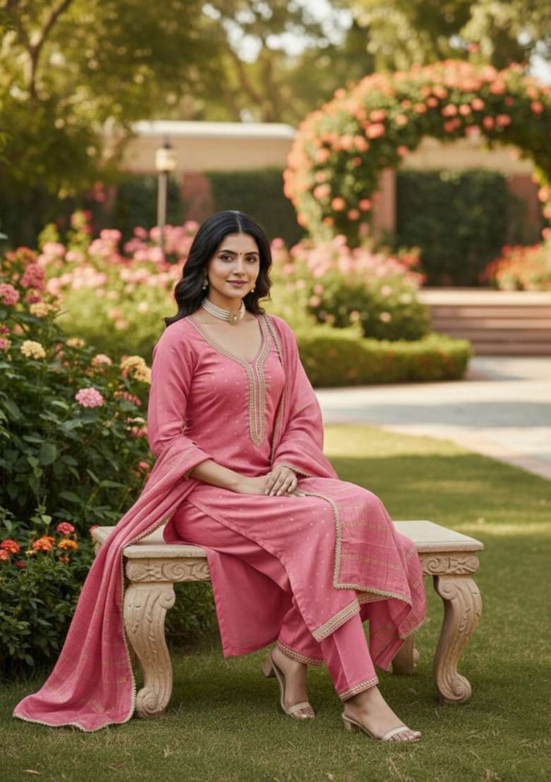 Peach Embroidery Chanderi Salwar Kameez - Indya