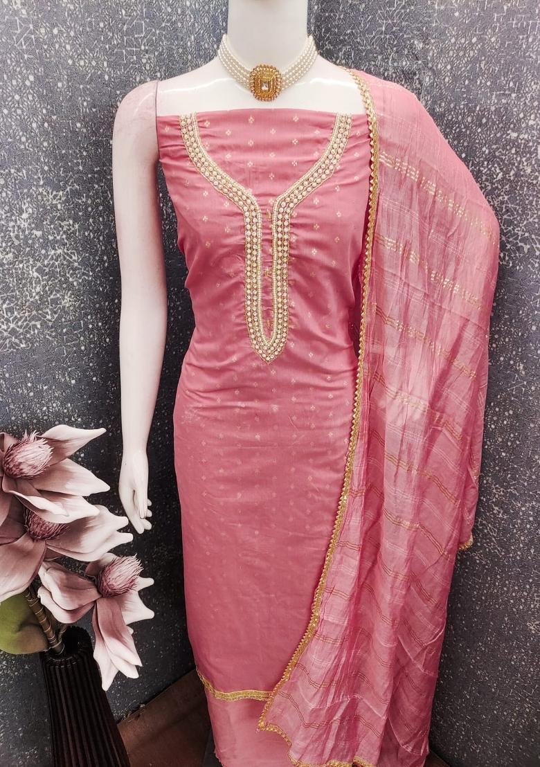 Peach Embroidery Chanderi Salwar Kameez - Indya