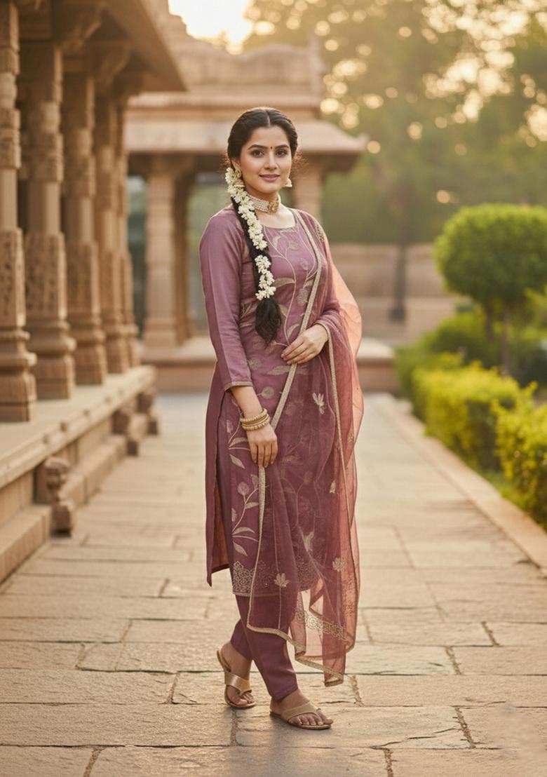 Rust Embroidery Cotton Salwar Kameez - Indya