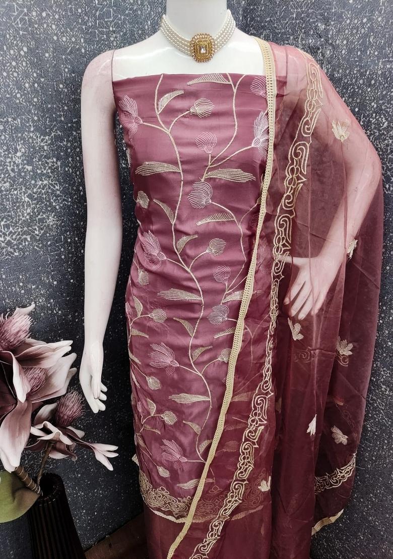 Rust Embroidery Cotton Salwar Kameez - Indya