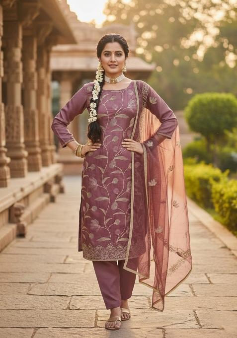 Rust Embroidery Cotton Salwar Kameez