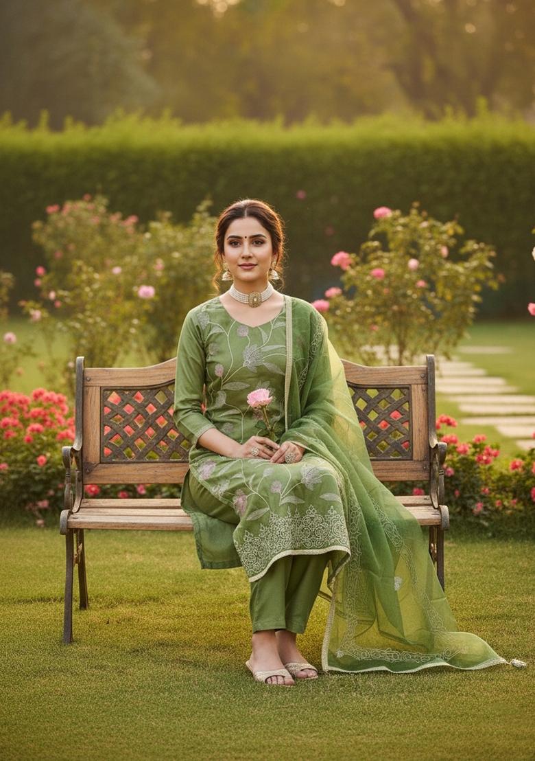 Green Embroidery Cotton Salwar Kameez - Indya