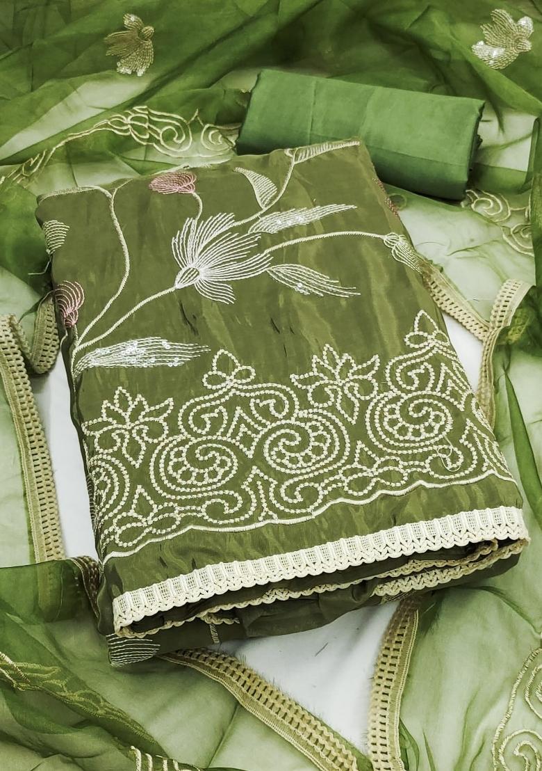 Green Embroidery Cotton Salwar Kameez - Indya