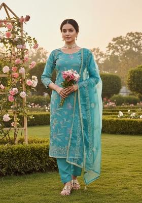 Sky Blue Embroidery Cotton Salwar Kameez