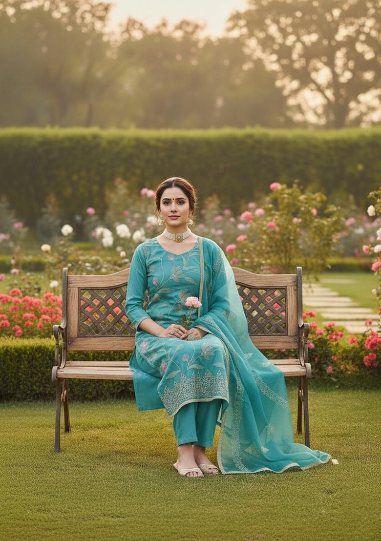 Sky Blue Embroidery Cotton Salwar Kameez - Indya
