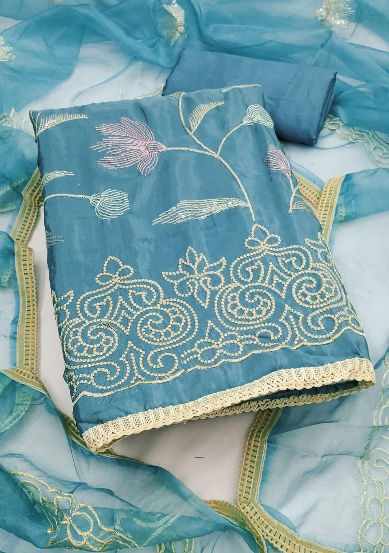 Sky Blue Embroidery Cotton Salwar Kameez - Indya