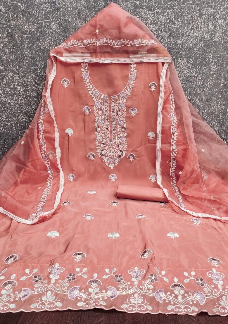 Peach Embroidery Cotton Salwar Kameez - Indya