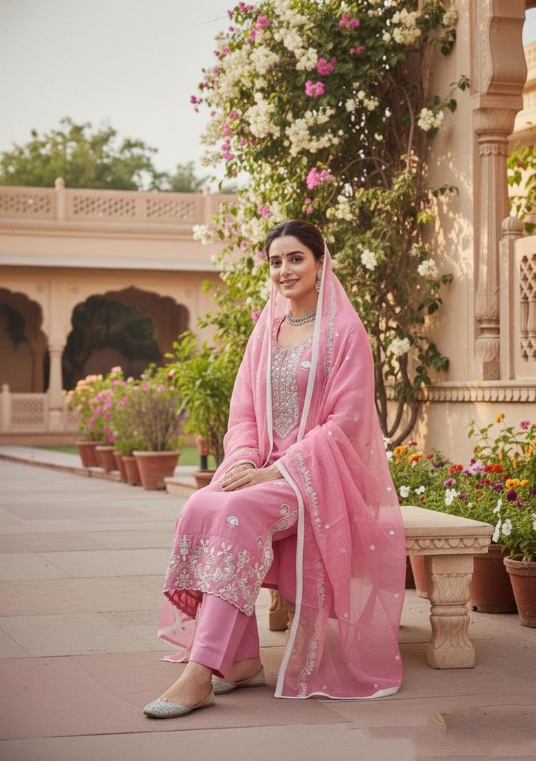 Pink Embroidery Cotton Salwar Kameez - Indya