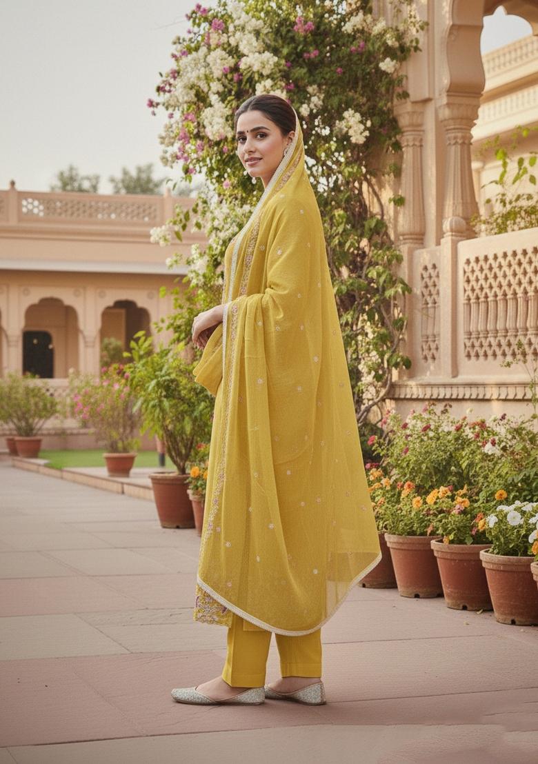 Mustard Embroidery Cotton Salwar Kameez - Indya