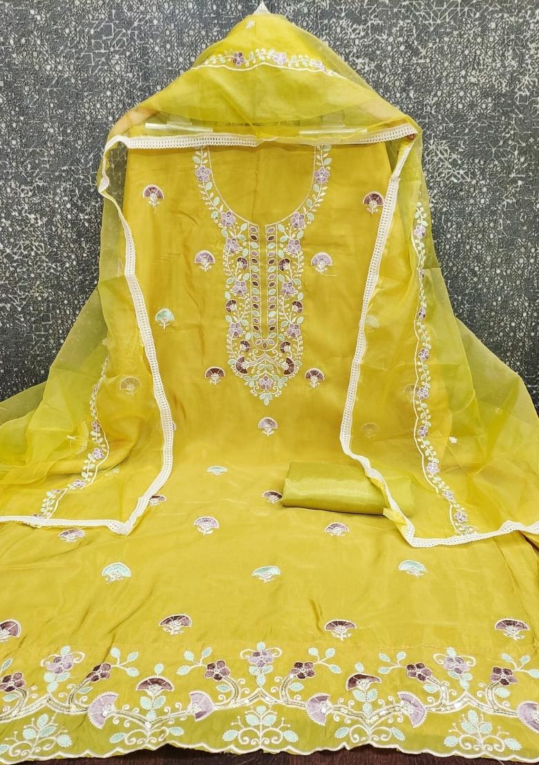 Mustard Embroidery Cotton Salwar Kameez - Indya