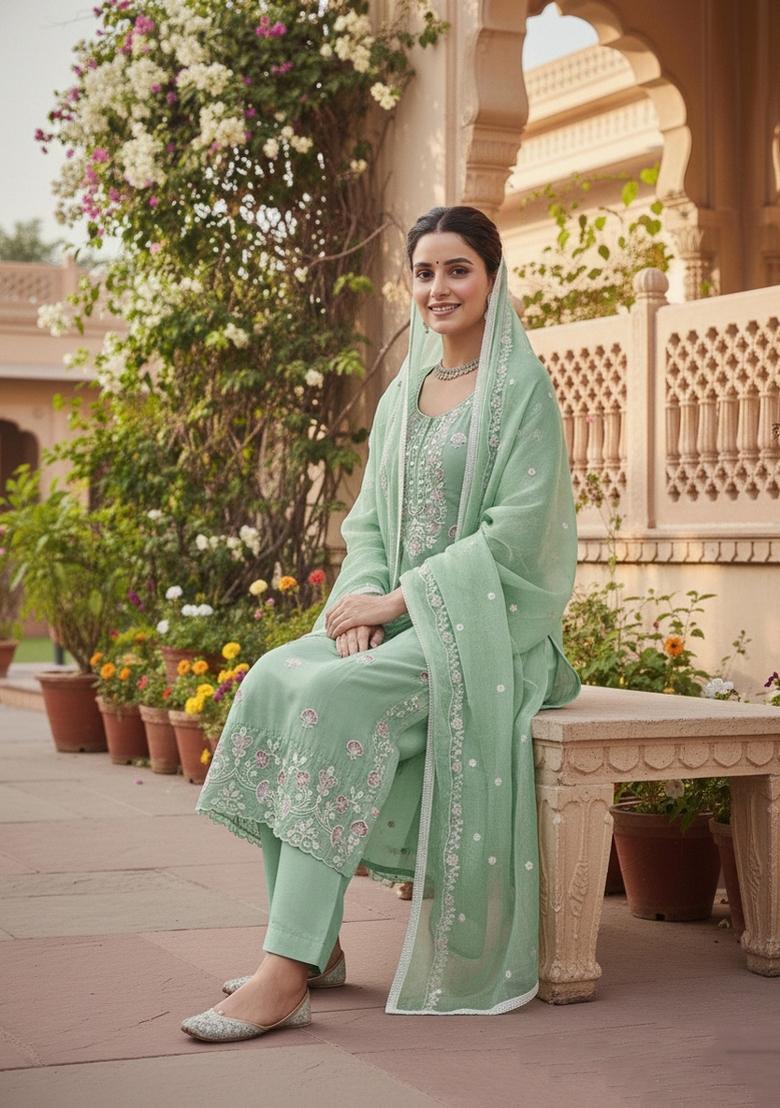 Sea Green Embroidery Cotton Salwar Kameez - Indya