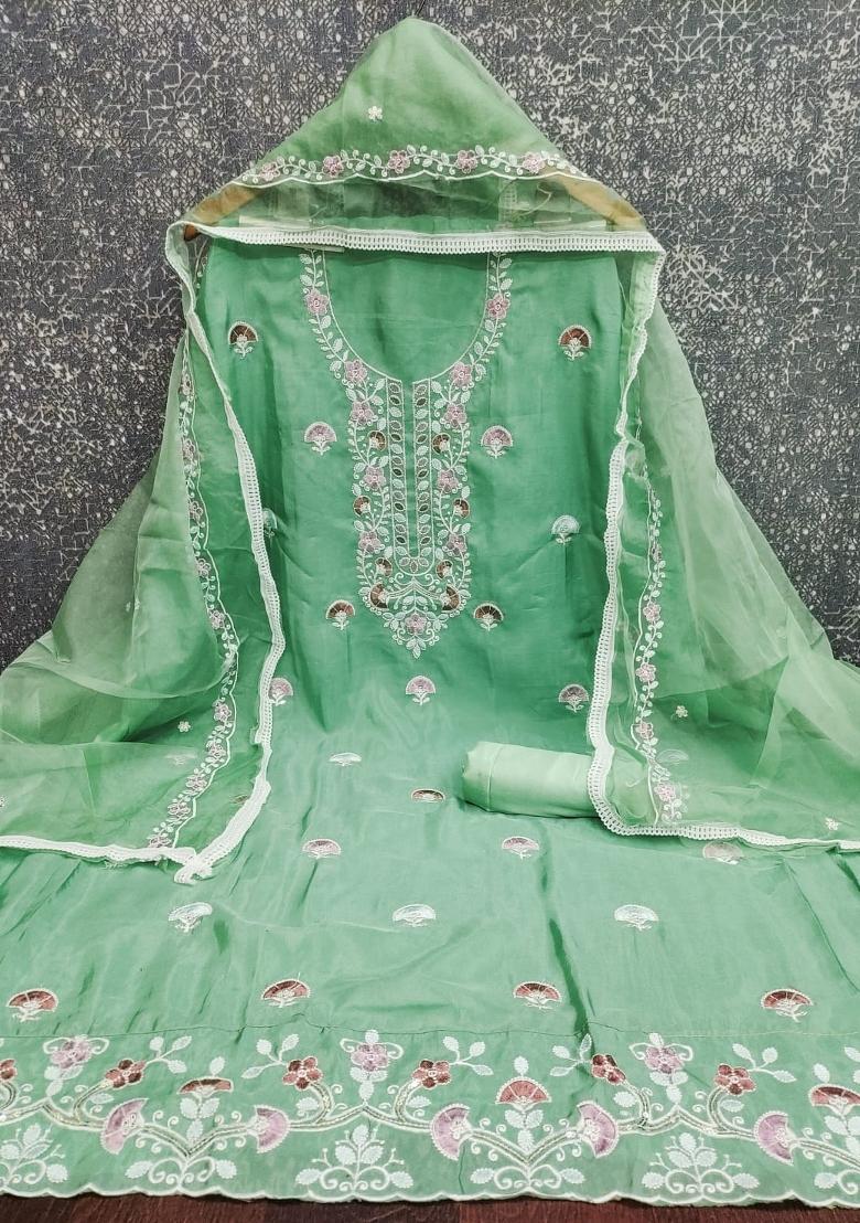 Sea Green Embroidery Cotton Salwar Kameez - Indya