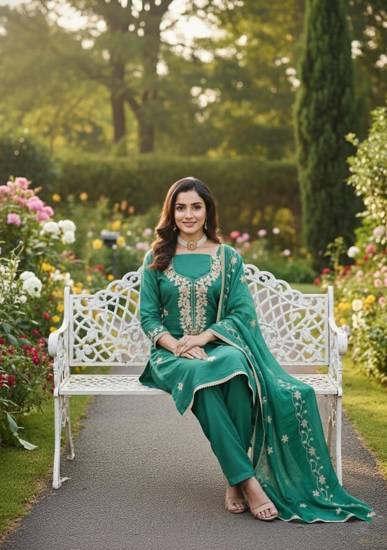 Sea Green Embroidery Silk Salwar Kameez - Indya