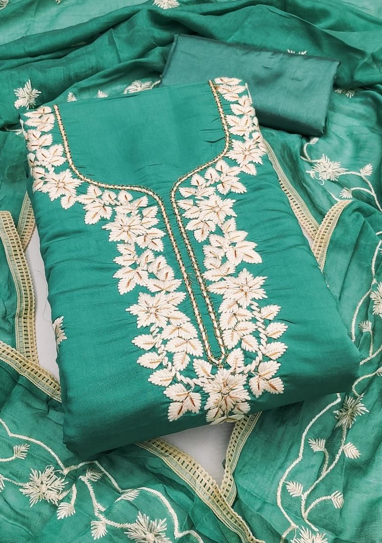 Sea Green Embroidery Silk Salwar Kameez - Indya