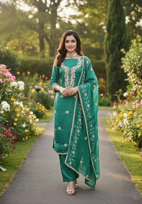 Sea Green Embroidery Silk Salwar Kameez