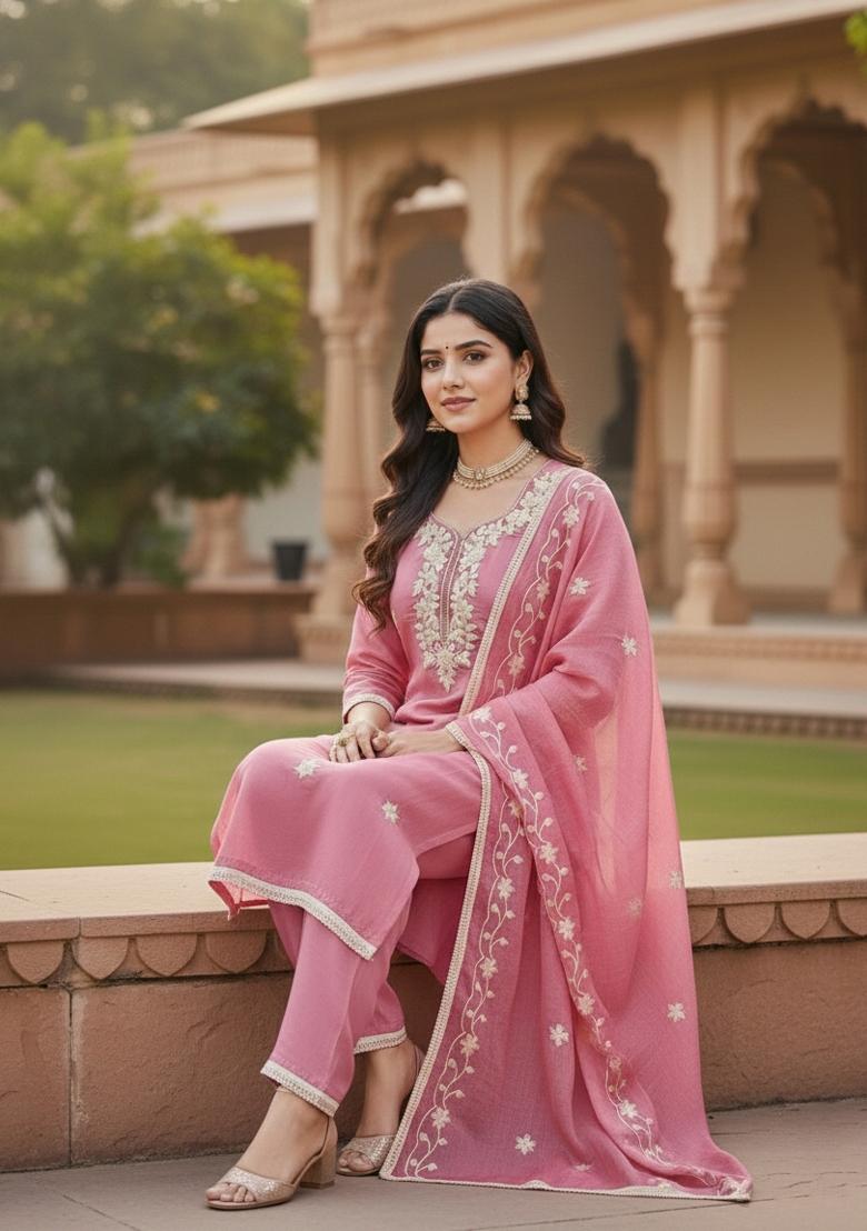 Pink Embroidery Silk Salwar Kameez - Indya