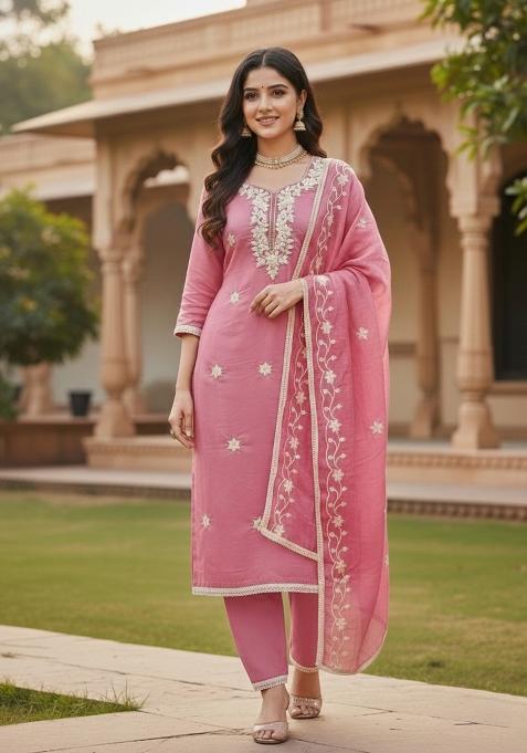 Pink Embroidery Silk Salwar Kameez