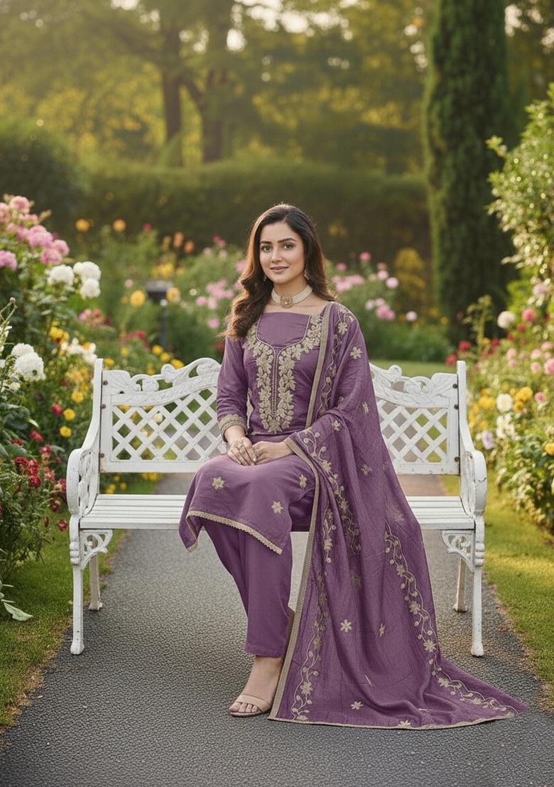 Purple Embroidery Silk Salwar Kameez - Indya