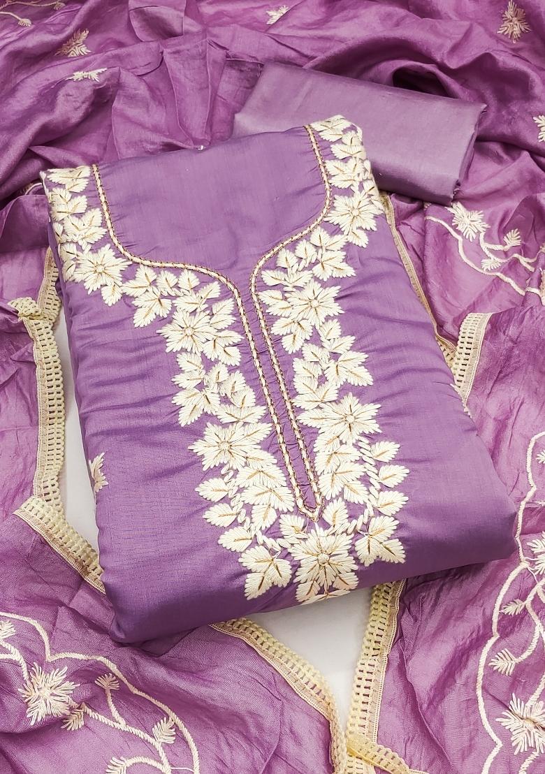 Purple Embroidery Silk Salwar Kameez - Indya