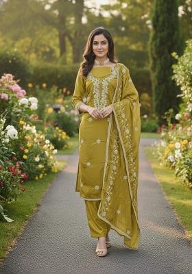 Mehendi Embroidery Silk Salwar Kameez