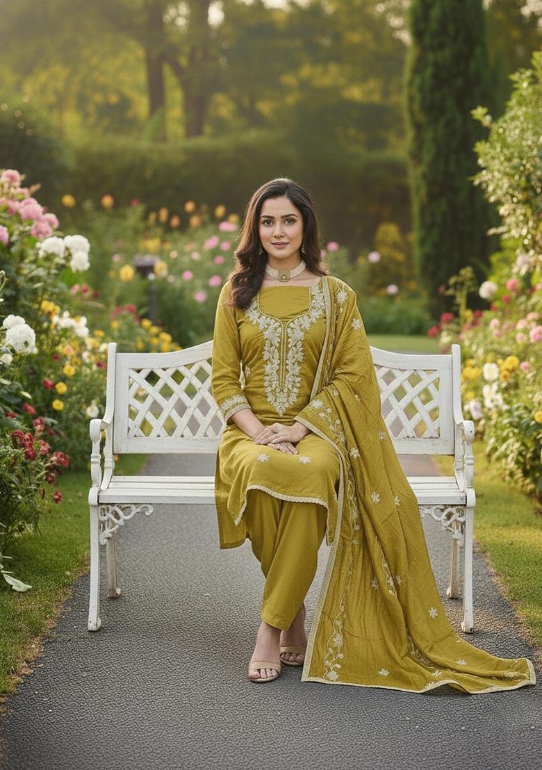 Mehendi Embroidery Silk Salwar Kameez - Indya