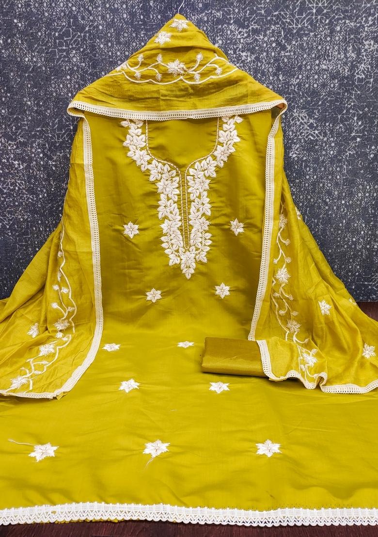 Mehendi Embroidery Silk Salwar Kameez - Indya