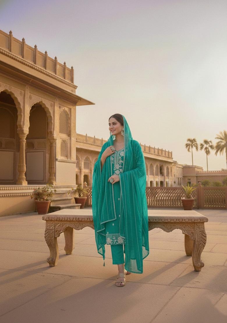 Sea Green Embroidery Silk Salwar Kameez - Indya