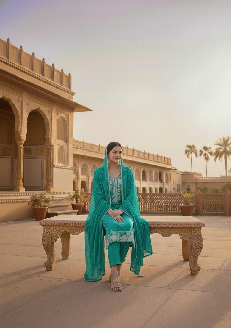 Sea Green Embroidery Silk Salwar Kameez - Indya