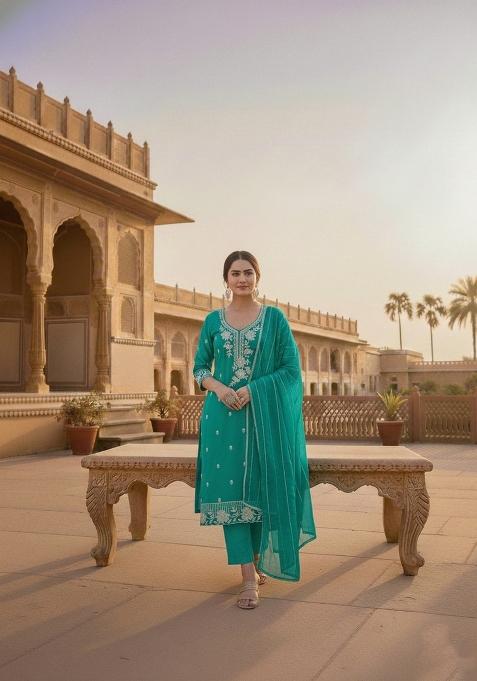 Sea Green Embroidery Silk Salwar Kameez