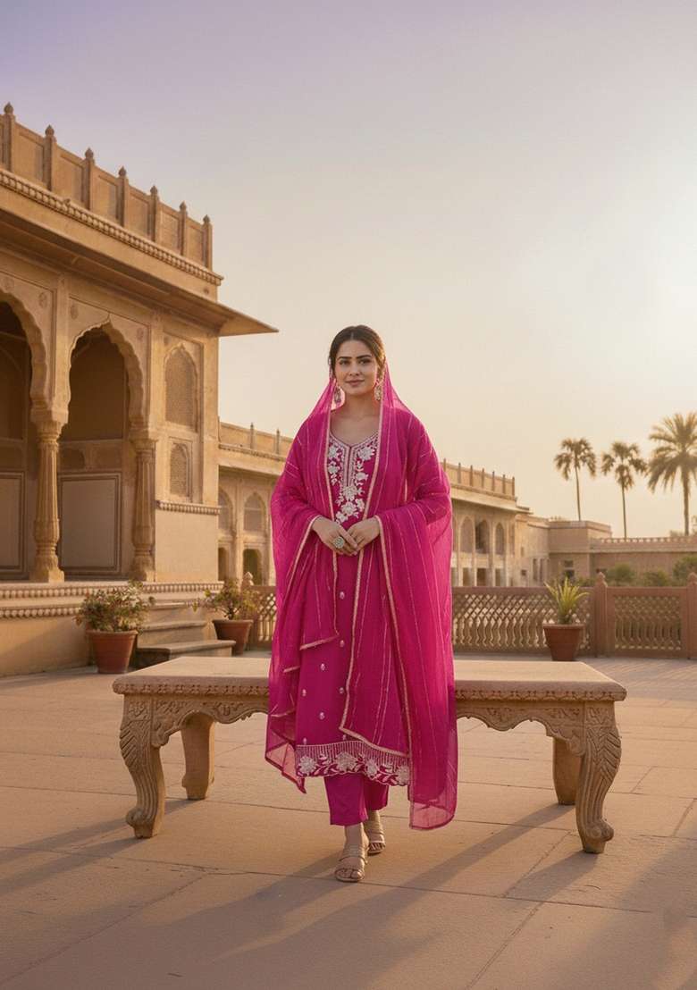 Magenta Embroidery Silk Blend Salwar Kameez - Indya