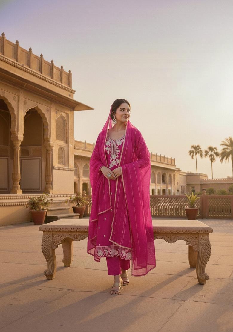 Magenta Embroidery Silk Salwar Kameez - Indya