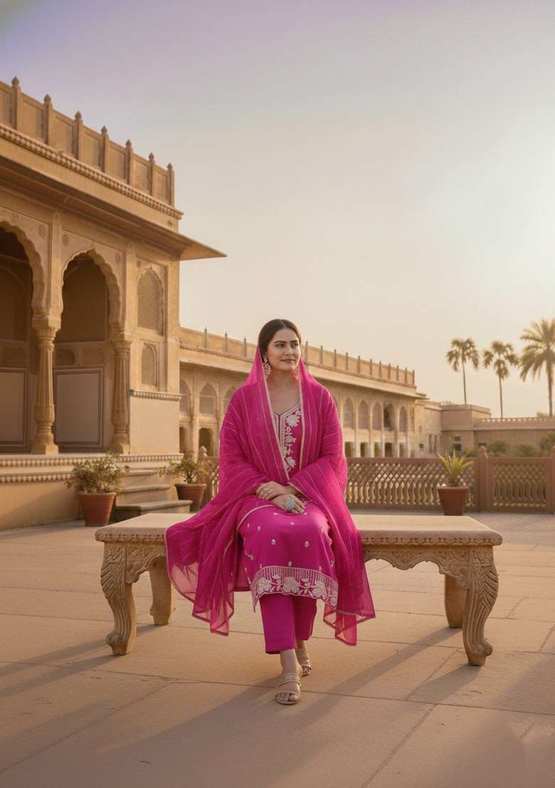Magenta Embroidery Silk Blend Salwar Kameez - Indya