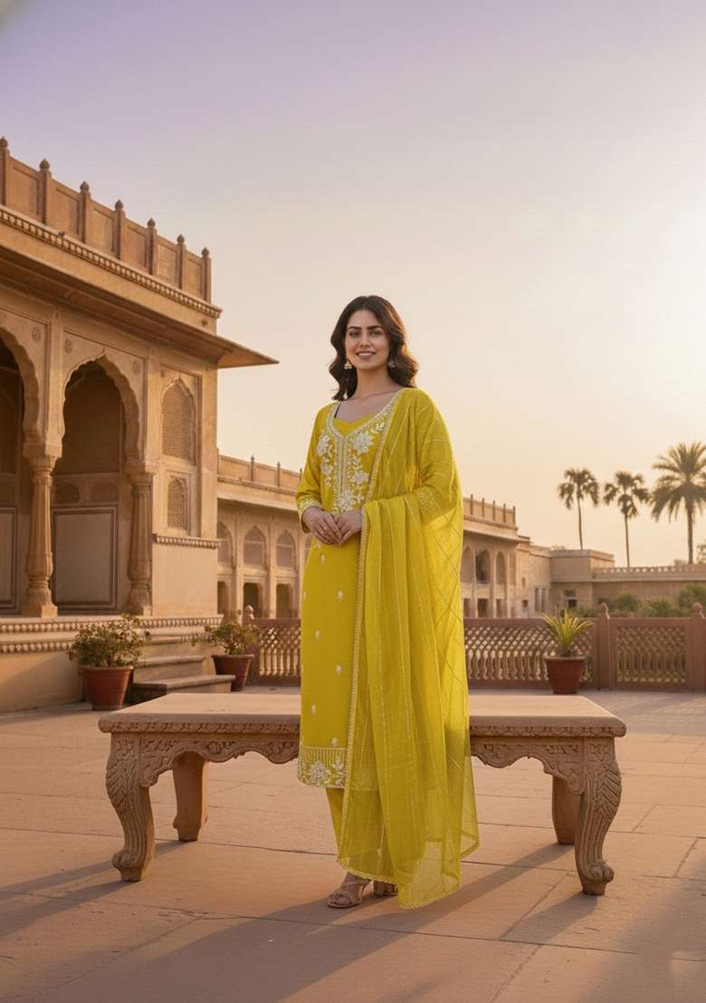 Parrot Green Embroidery Silk Blend Salwar Kameez - Indya