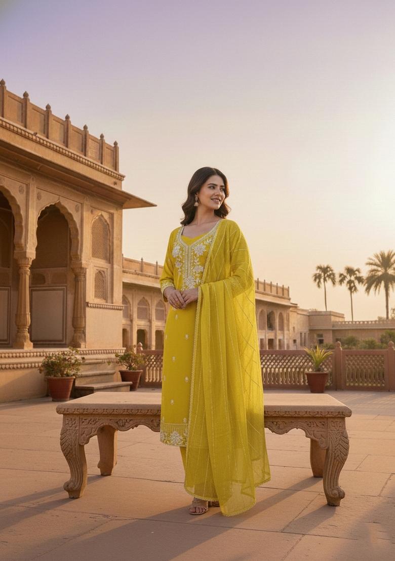 Parrot Green Embroidery Silk Salwar Kameez - Indya