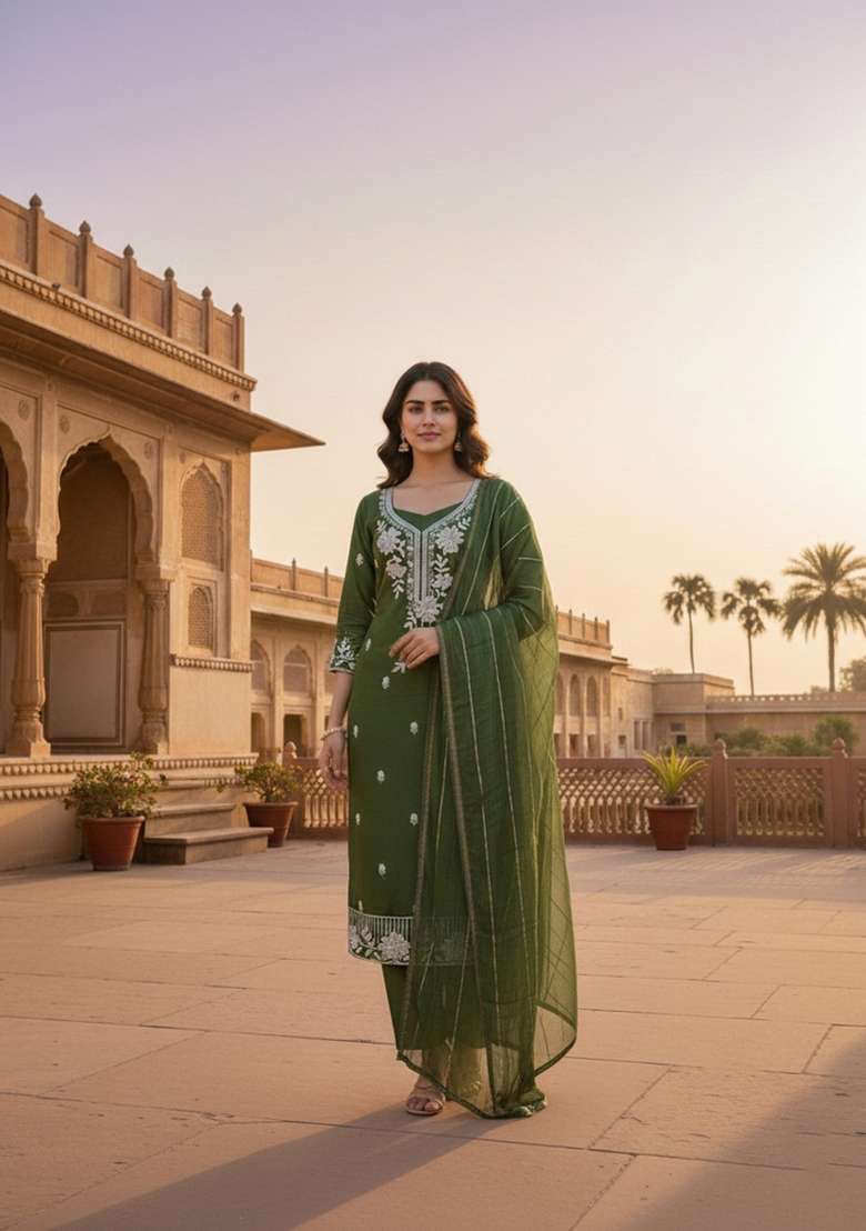 Green Embroidery Silk Blend Salwar Kameez - Indya
