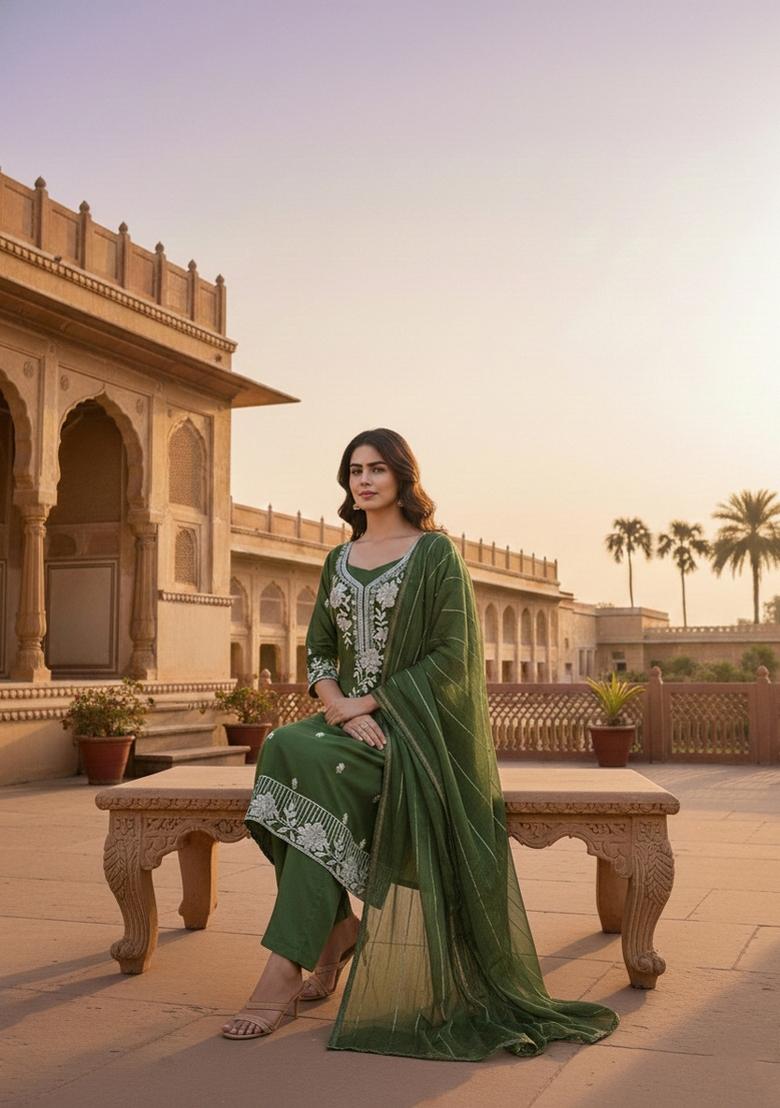Green Embroidery Silk Salwar Kameez - Indya