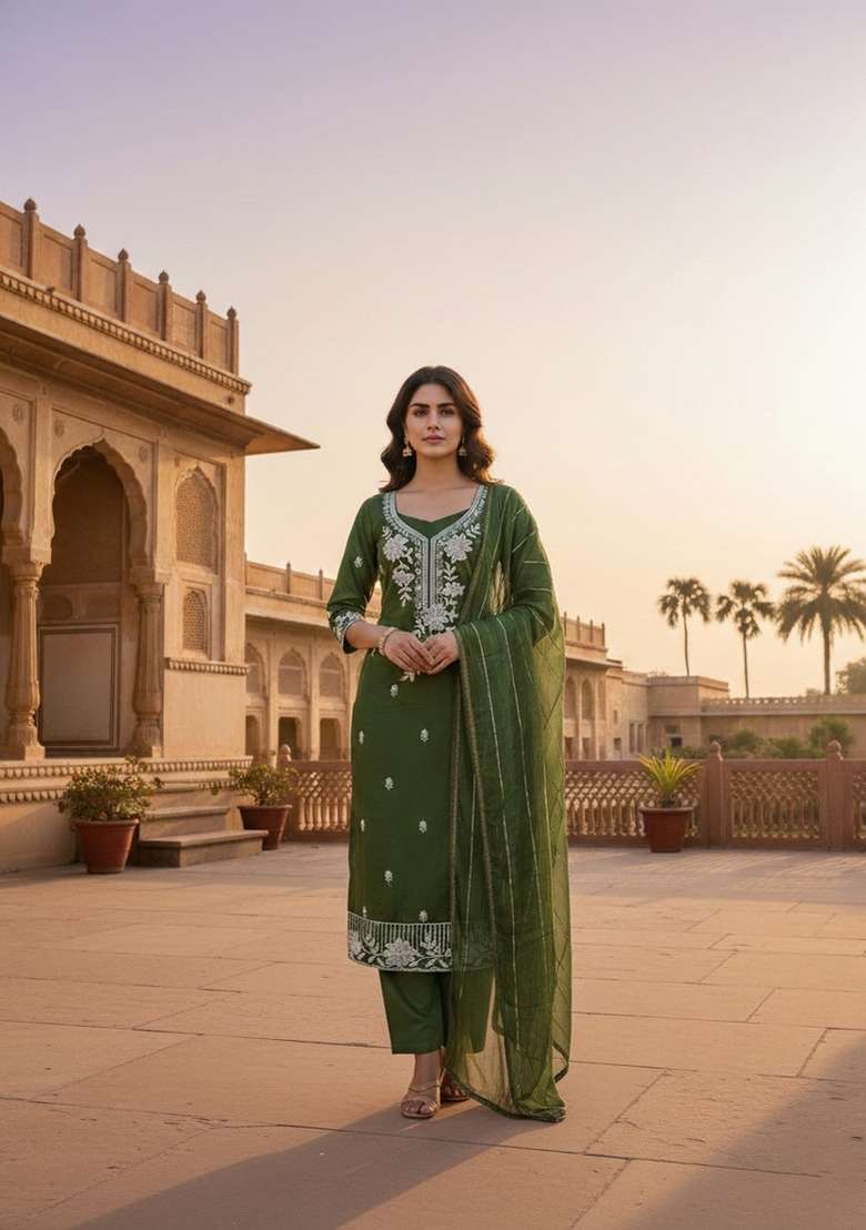 Green Embroidery Silk Blend Salwar Kameez - Indya