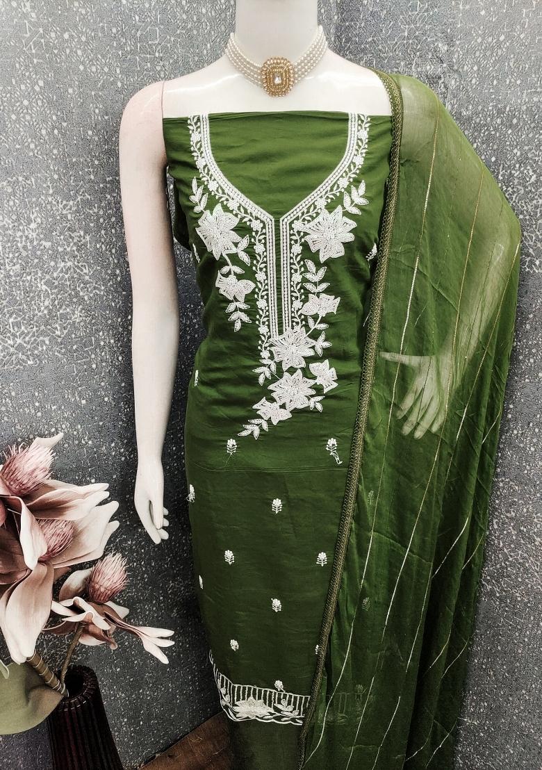 Green Embroidery Silk Salwar Kameez - Indya
