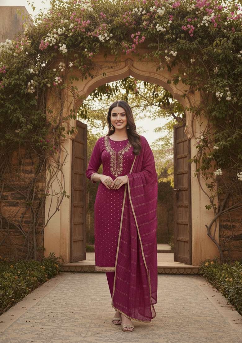 Wine Embroidery Chanderi Salwar Kameez - Indya