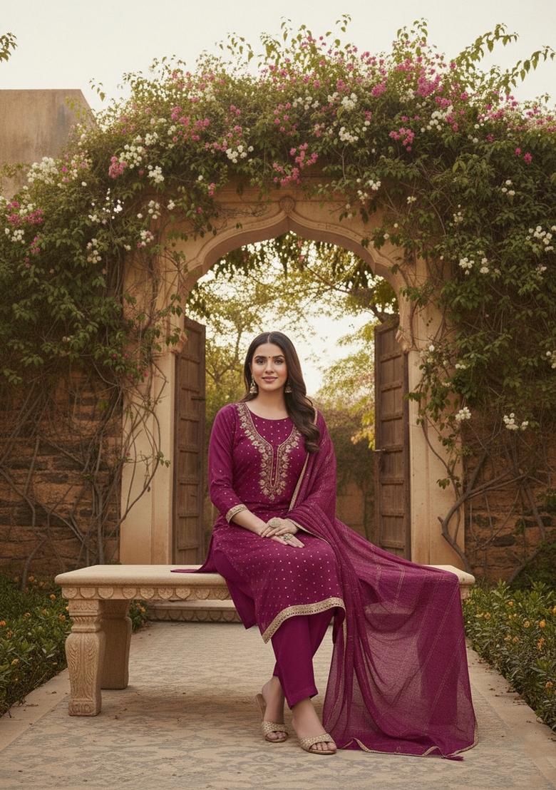 Wine Embroidery Chanderi Salwar Kameez - Indya
