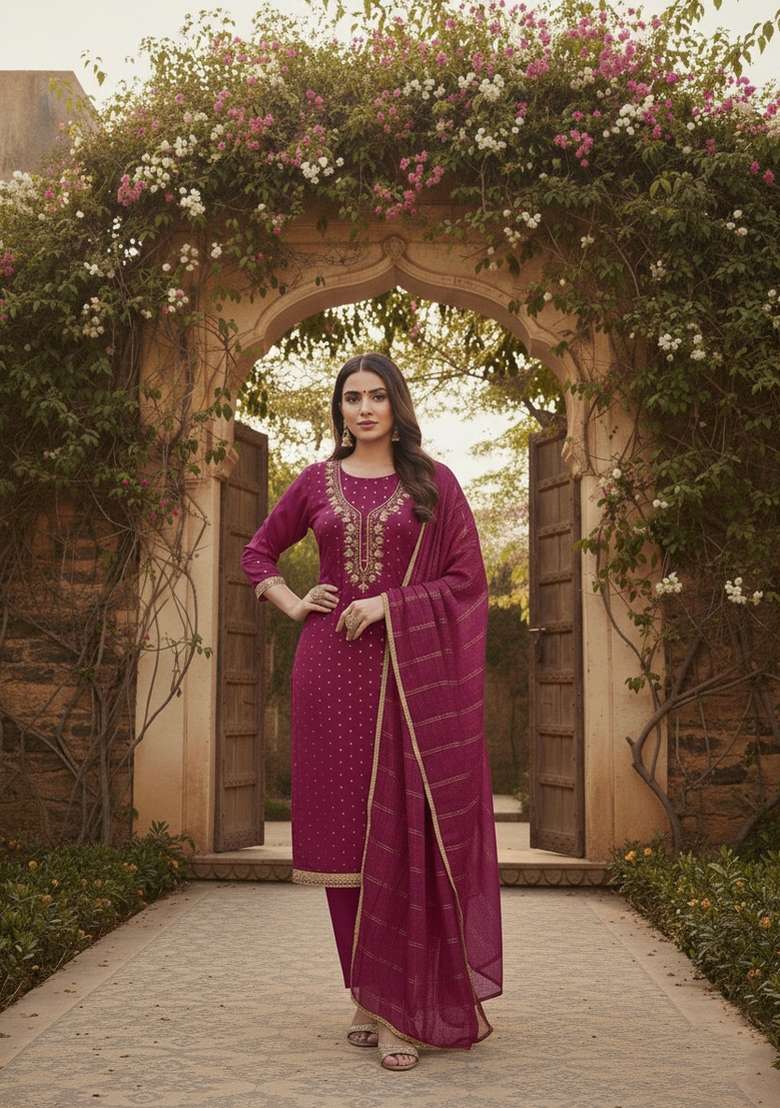 Wine Embroidery Chanderi Salwar Kameez - Indya