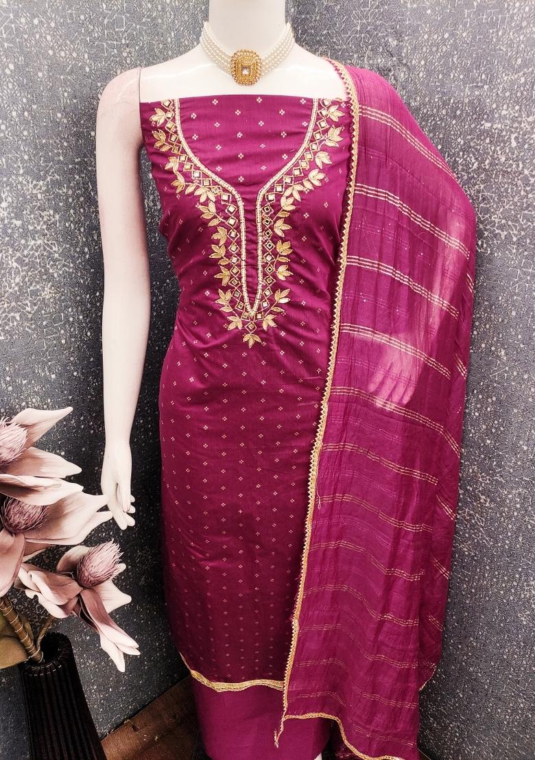 Wine Embroidery Chanderi Salwar Kameez - Indya