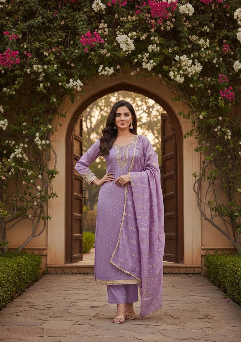 Lavender Embroidery Chanderi Salwar Kameez - Indya