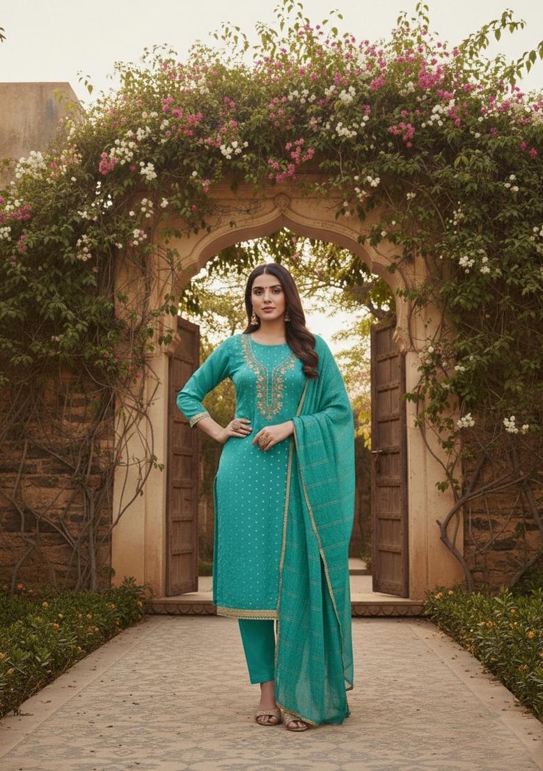 Sea Green Embroidery Chanderi Salwar Kameez - Indya