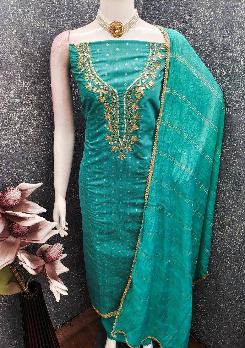 Sea Green Embroidery Chanderi Salwar Kameez - Indya