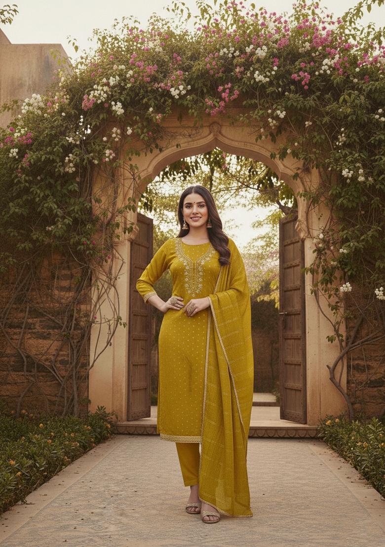 Mustard Embroidery Chanderi Salwar Kameez - Indya