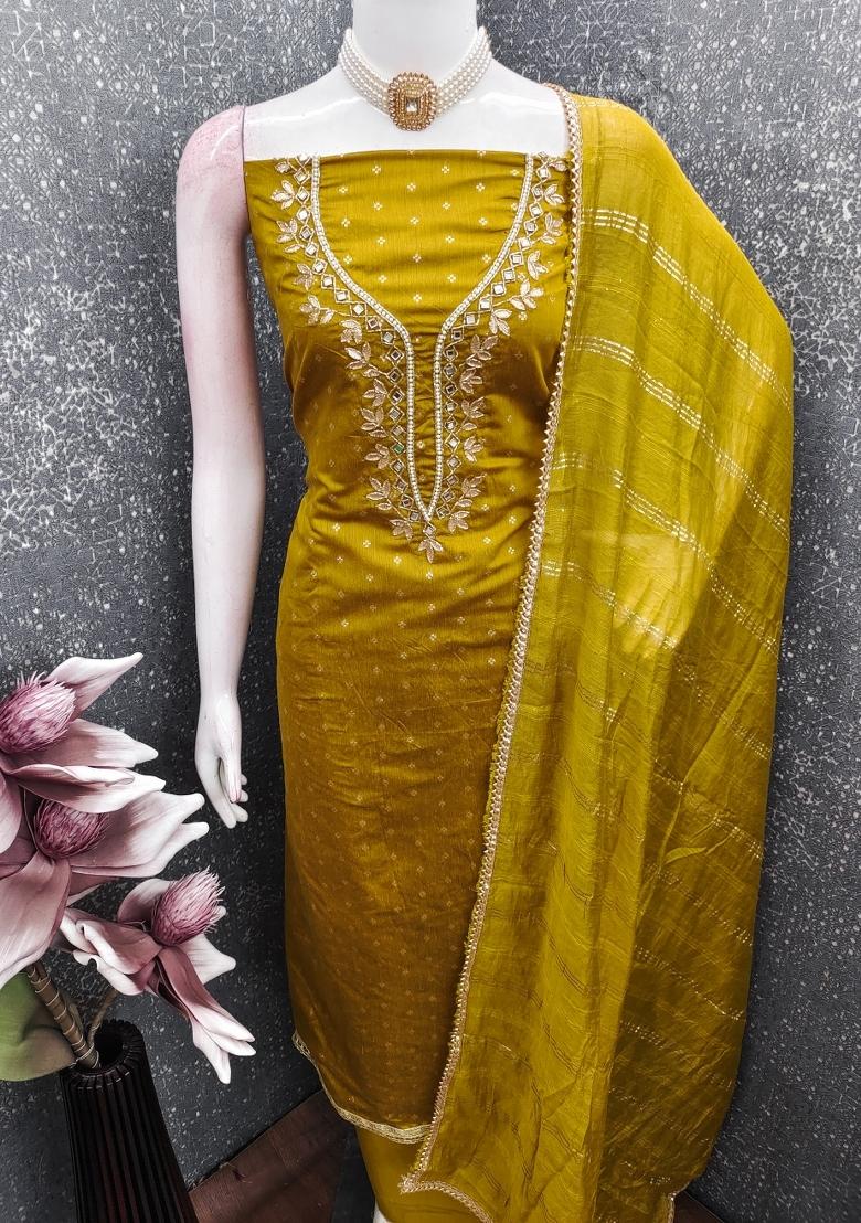 Mustard Embroidery Chanderi Salwar Kameez - Indya